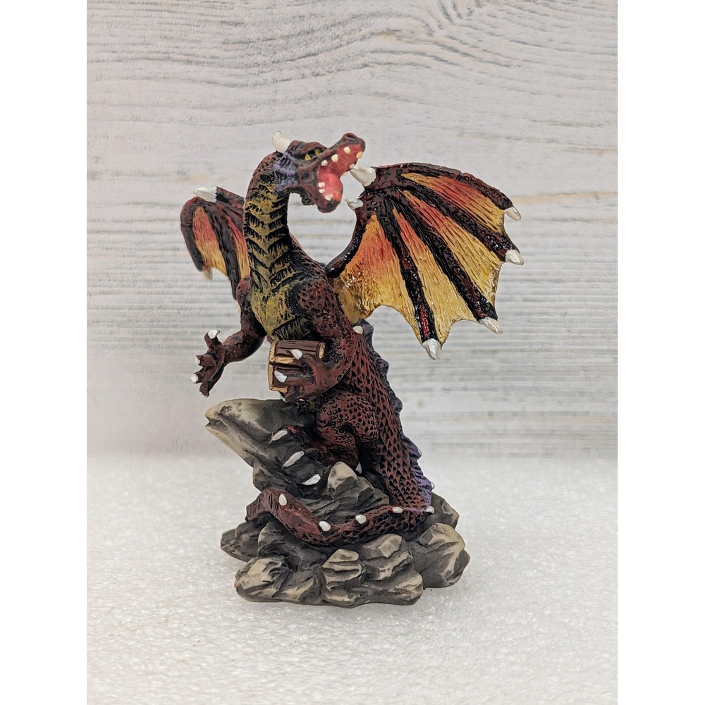 Veronese Dragon Figurine Resin Statue Red Black Wings Treasure Chest Fantasy